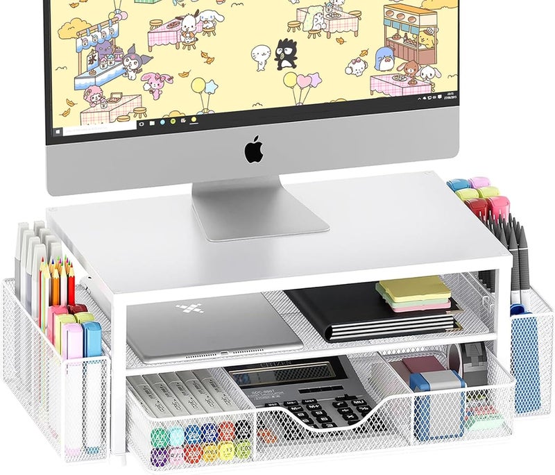 OPNICE Desk Organizers and Accessories, 2-Tier Computer Monitor Stand Riser with Drawer and 2 Pen Holders, Laptop Stand, Office Desk Accessories for Office Supplies, White - Image 1
